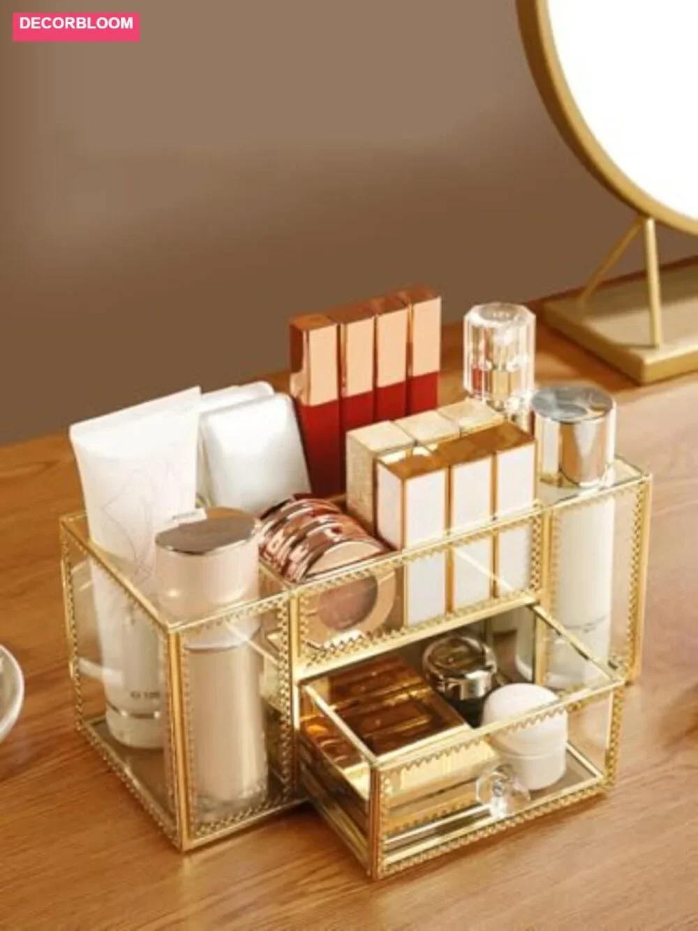 Gold Makeup Brush Holder Cosmetic Organizer Display Case Skincare Storage